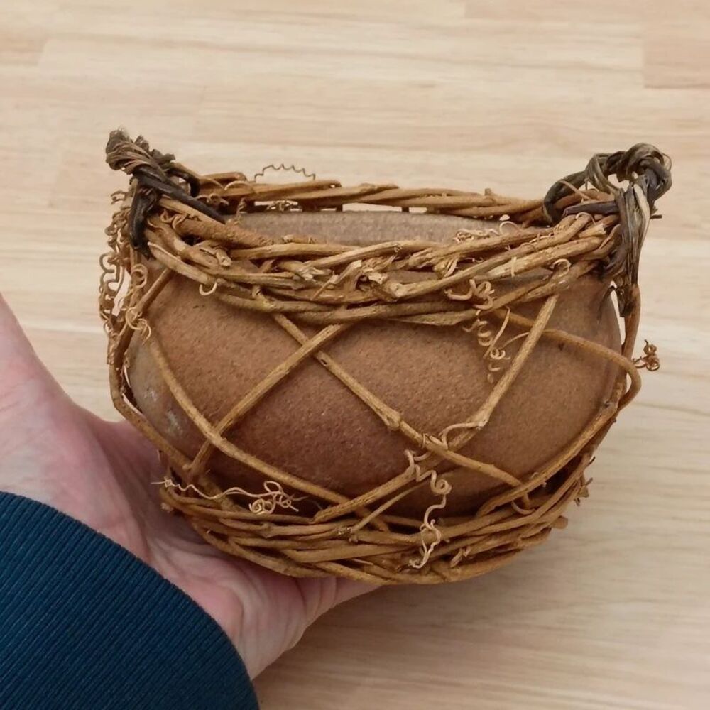 Rustic Terracotta Planter Bowl with Handles Woven Twig & Vine Mesh